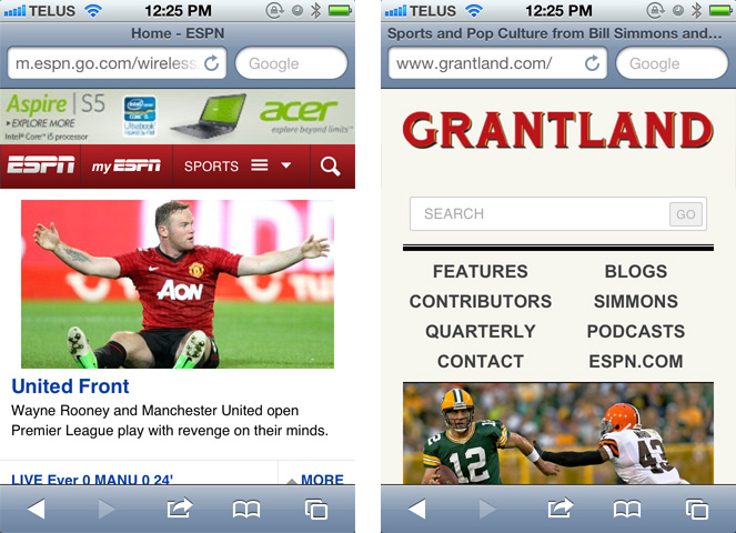 Screenshots of ESPN mobile and desktop variations
