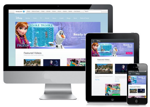 Disney's website at desktop, tablet and mobile phone sizes