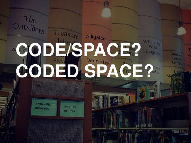 Image of book spines with text overlay saying "Code/Space? Coded Space?