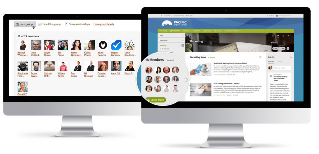 Comparison of ThoughtFarmer and Pacific Credit Union desktop website's group member view