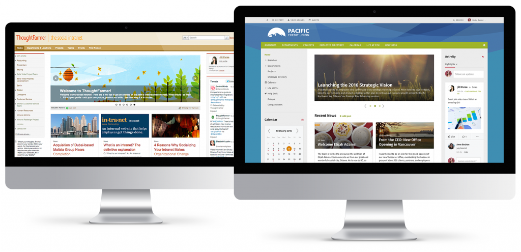 Comparison of ThoughtFarmer and Pacific Credit Union website hompages on desktop