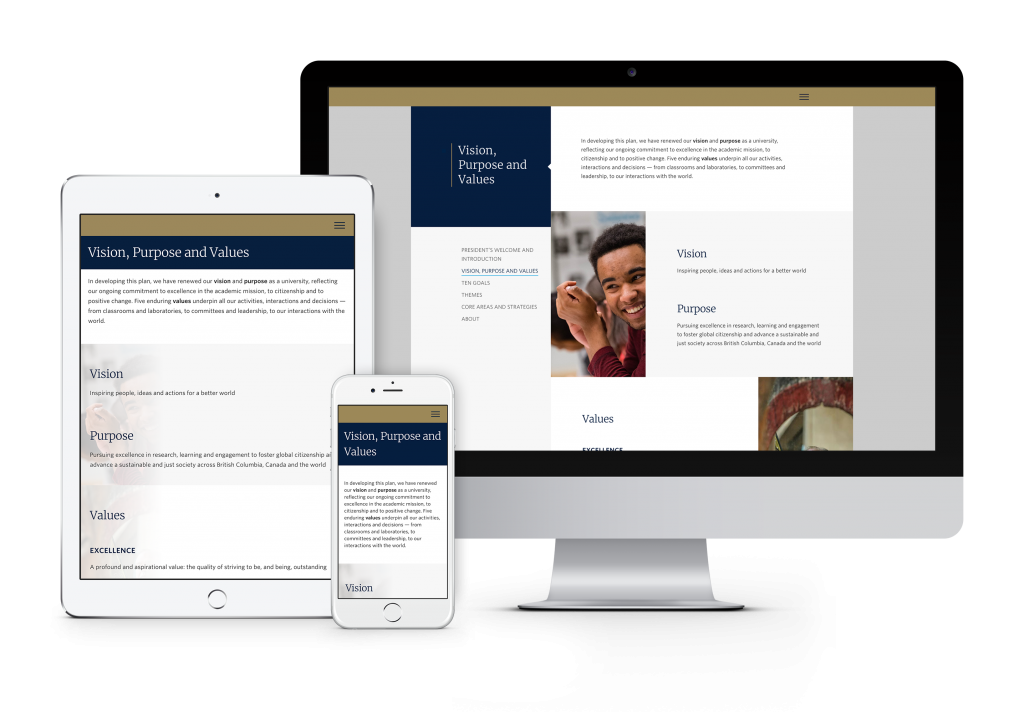 UBC strategic plan vision and values website page shown on iMac, iPad, iPhone