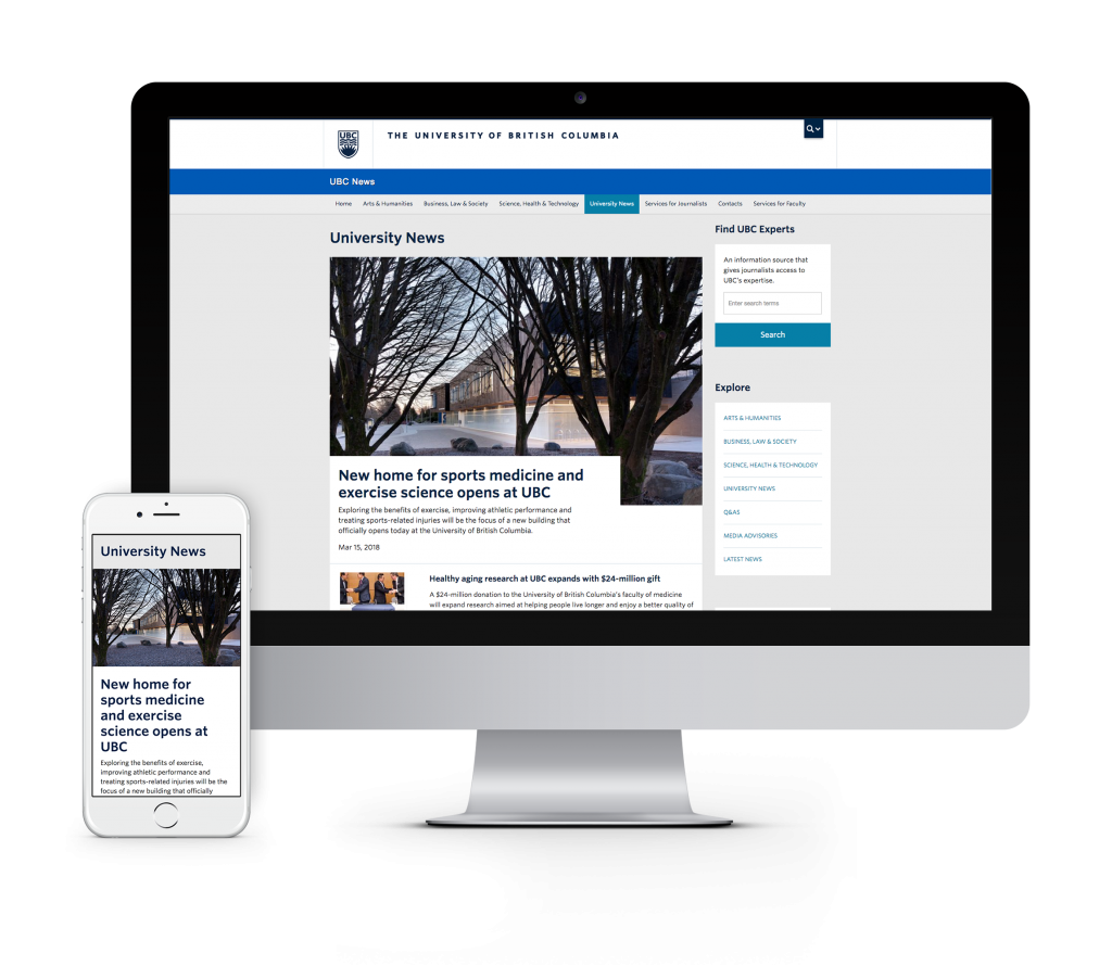 Desktop version of UBC homepage shown on iMac and mobile version shown on iPhone