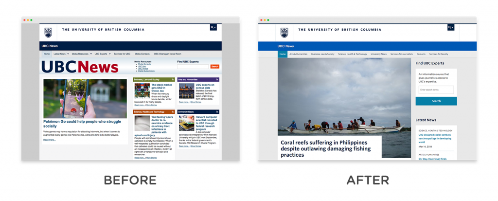 UBC News homepage before and after redesign