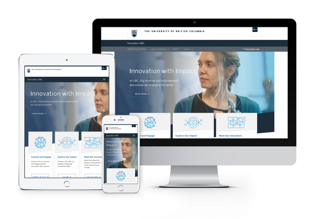 UBC Innovation initiative website shown on computer, mobile and tablet