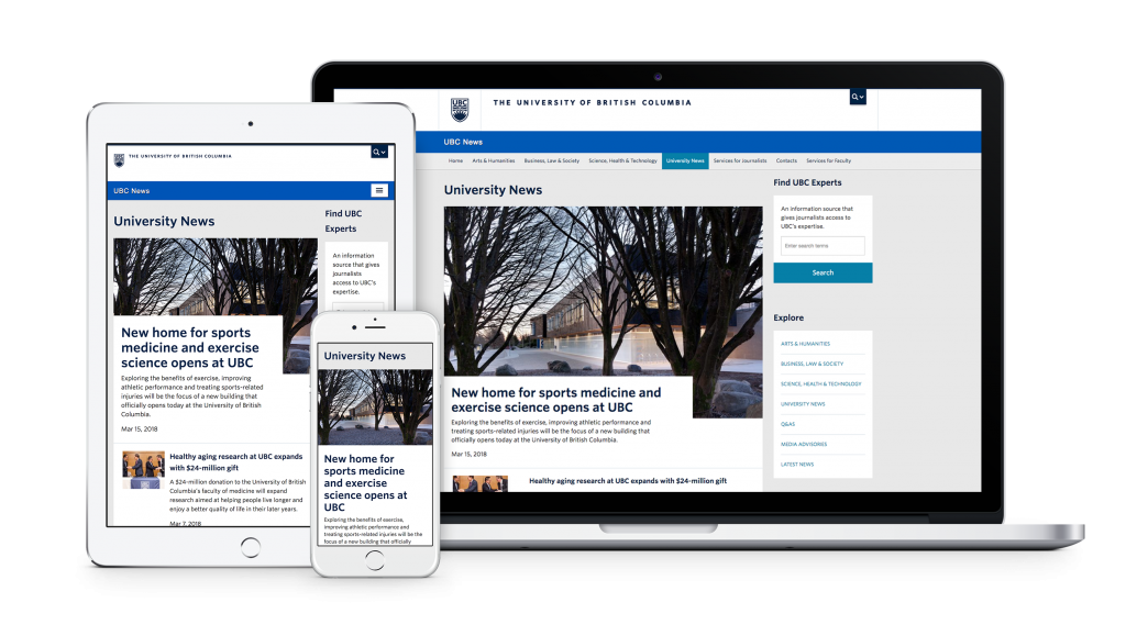 UBC News website article example displayed on MacBook Pro, iPad, and iPhone.