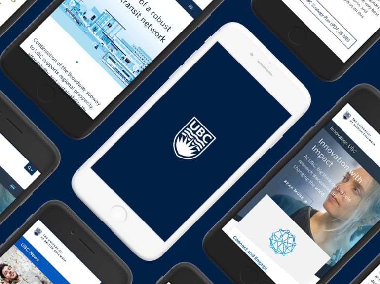 dark blue bkgd with mobile phones showing UBC logo and website