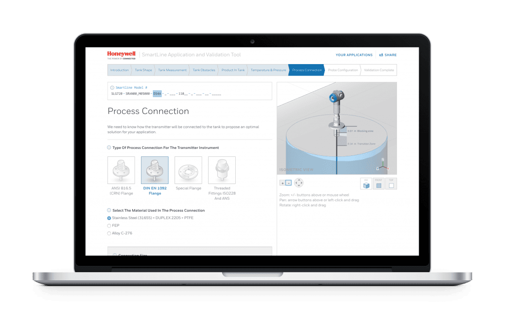 Honeywell Smartline webpage on laptop of connection parts