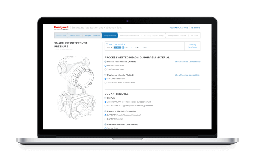 Honeywell Smartline webpage on laptop of pressure part