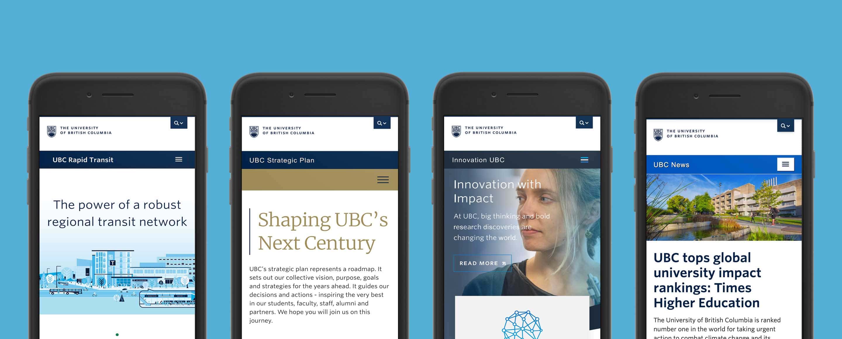 Four iPhones showing the mobile website for UBC
