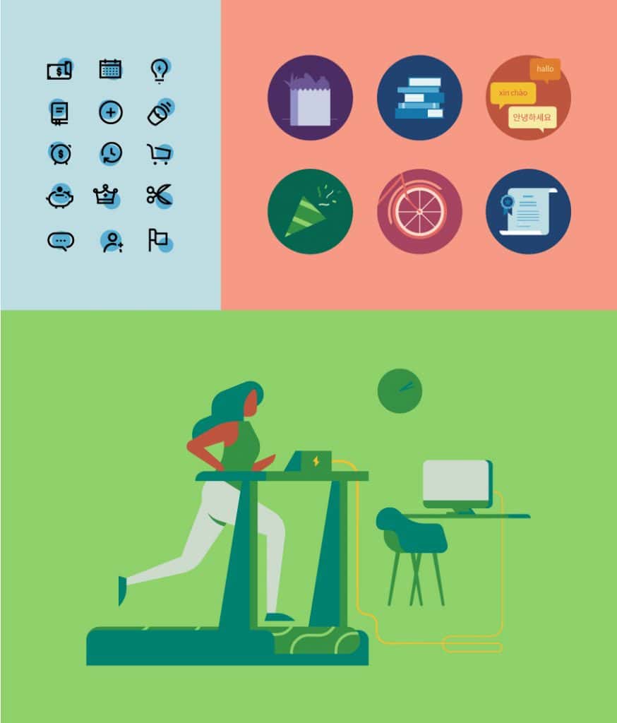 Collage of OXD's rebrand illustration style