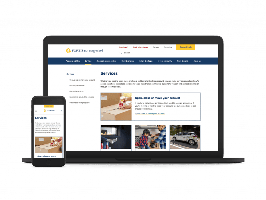 FortisBC website redesign image of the new Services page on laptop and iPhone