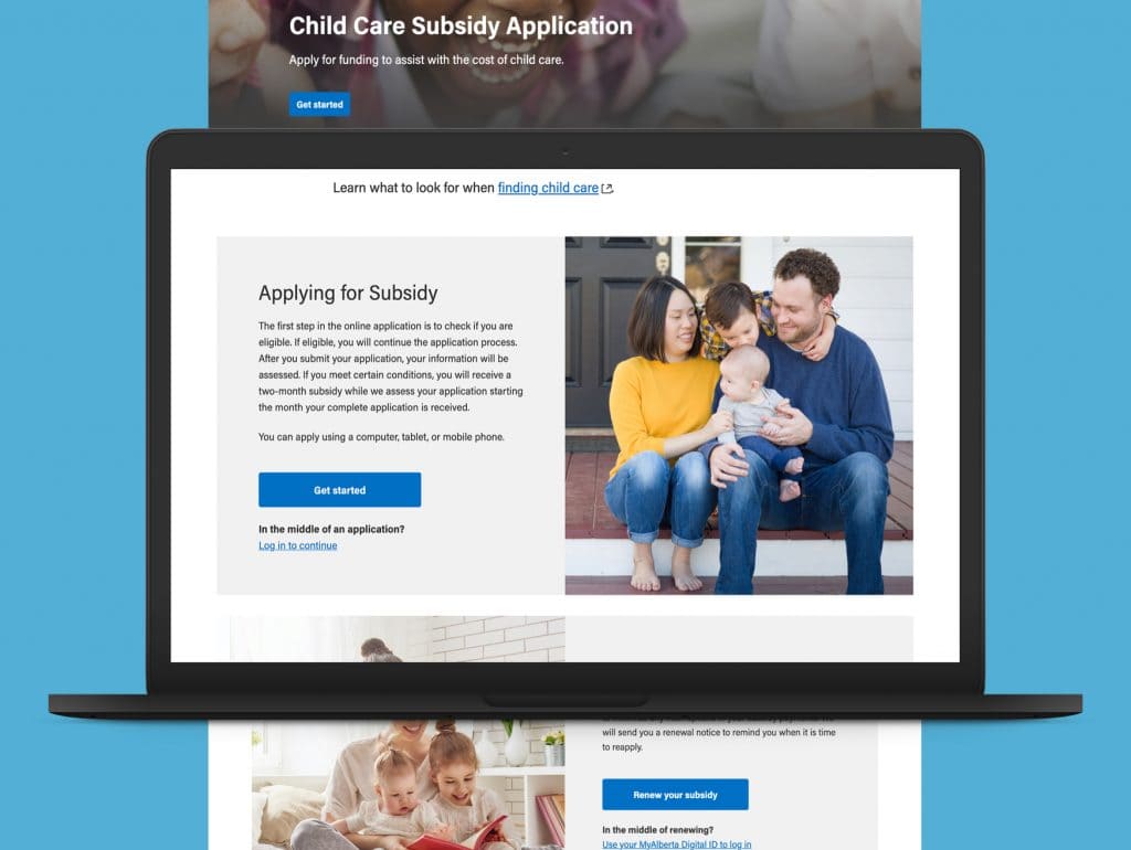 Image of Subsidy application home page on laptop after modernization over a blue background