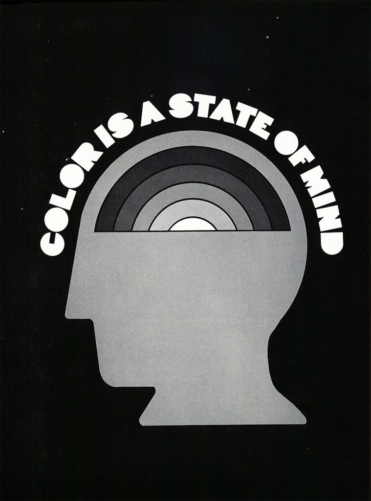 Dorothy Hayes, one of the featured women in design, her graphic design work image reads "Color is a state of mind" with a head profile in black and white.