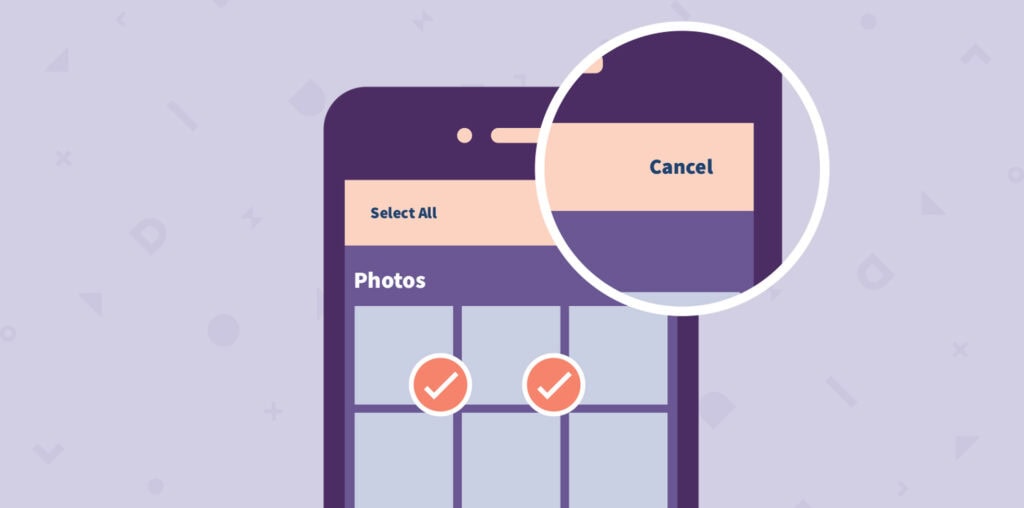 OXD branded illustration of a mobile phone photo app highlighting the select all and cancel features for usability testing.