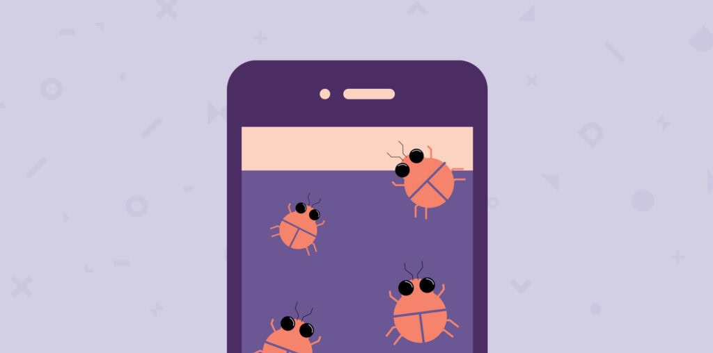 OXD branded illustration of a mobile phone photo app showing bugs.
