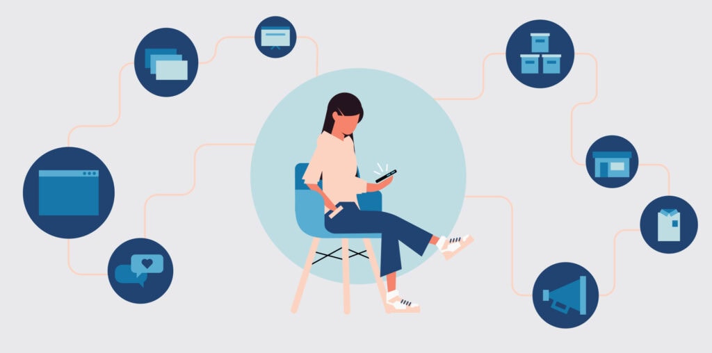 OXD illustration of a woman seated looking at her phone with circles of different components of a brands' identity