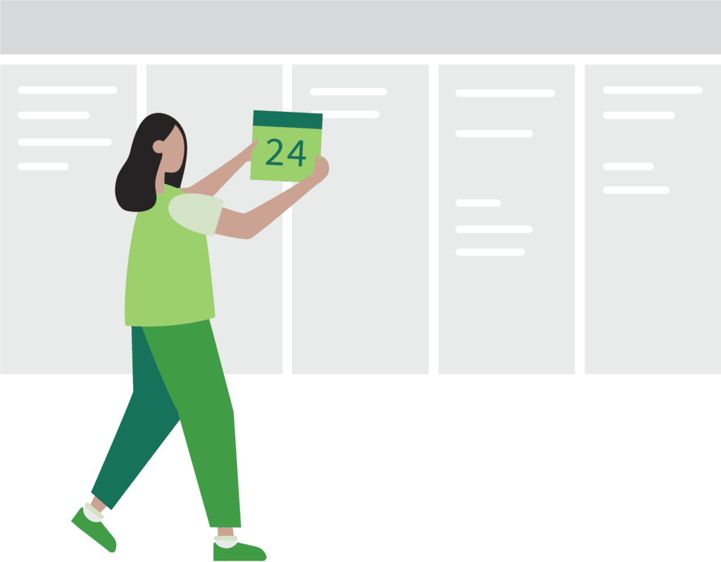 Illustration showing a greyed-out timeline and a women holding up a calendar date