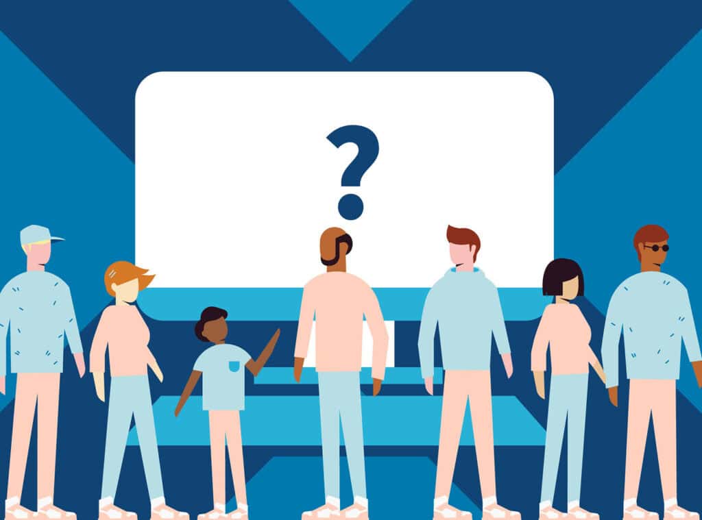 OXD illustration of abstract computer screen with a "?" and people looking confused representing concept of websites are not brands