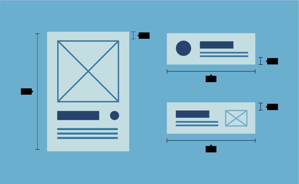 OXD illustration of visual design patterns commonly used in prototypes, including light blue boxes with wireframe elements on a darker blue background.