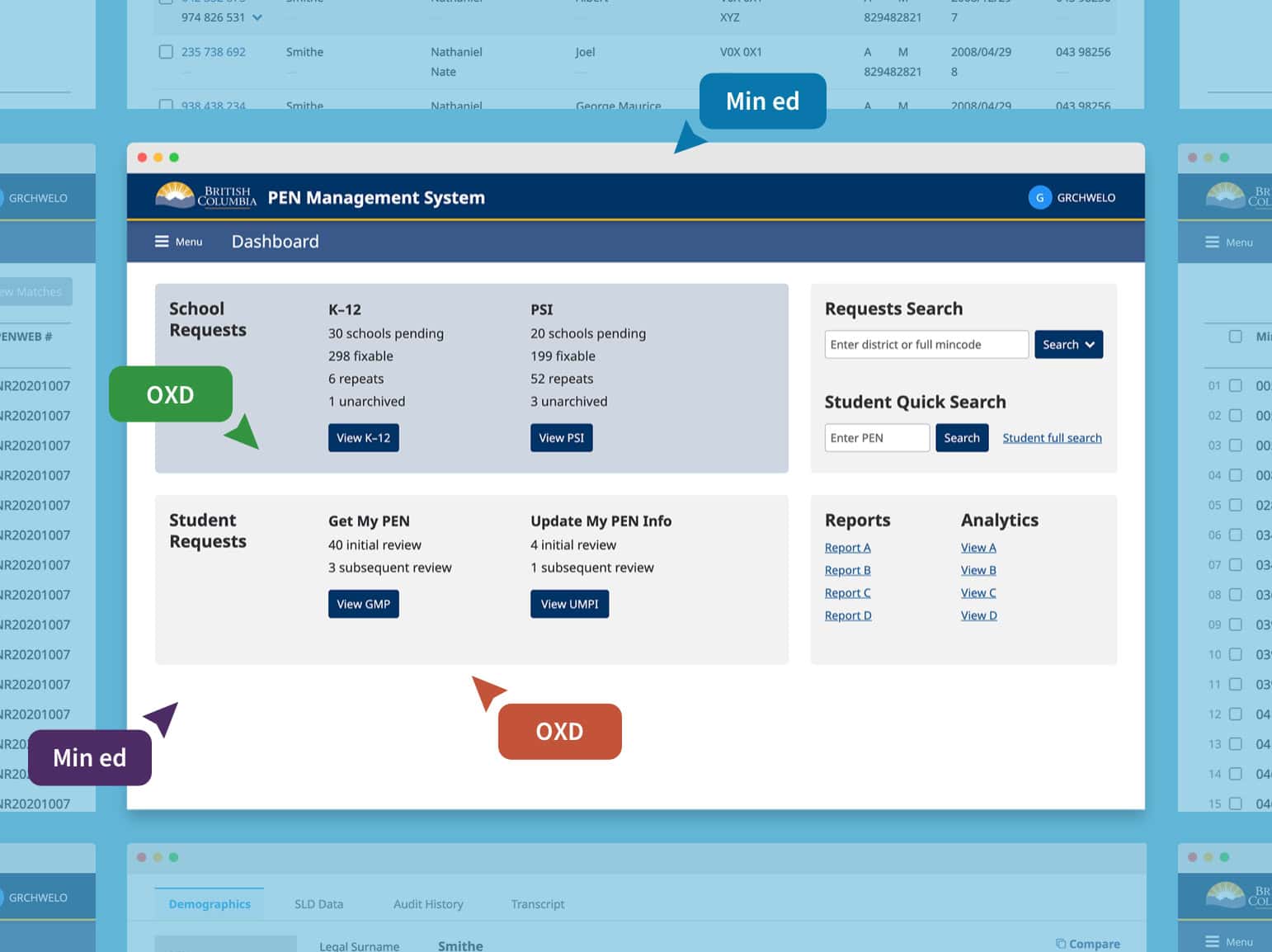 OXD branded illustration of new PEN registry system homepage prototype