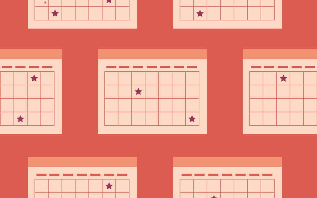 OXD illustration of red background with lighter red calendars showing concept of planning your content migration.