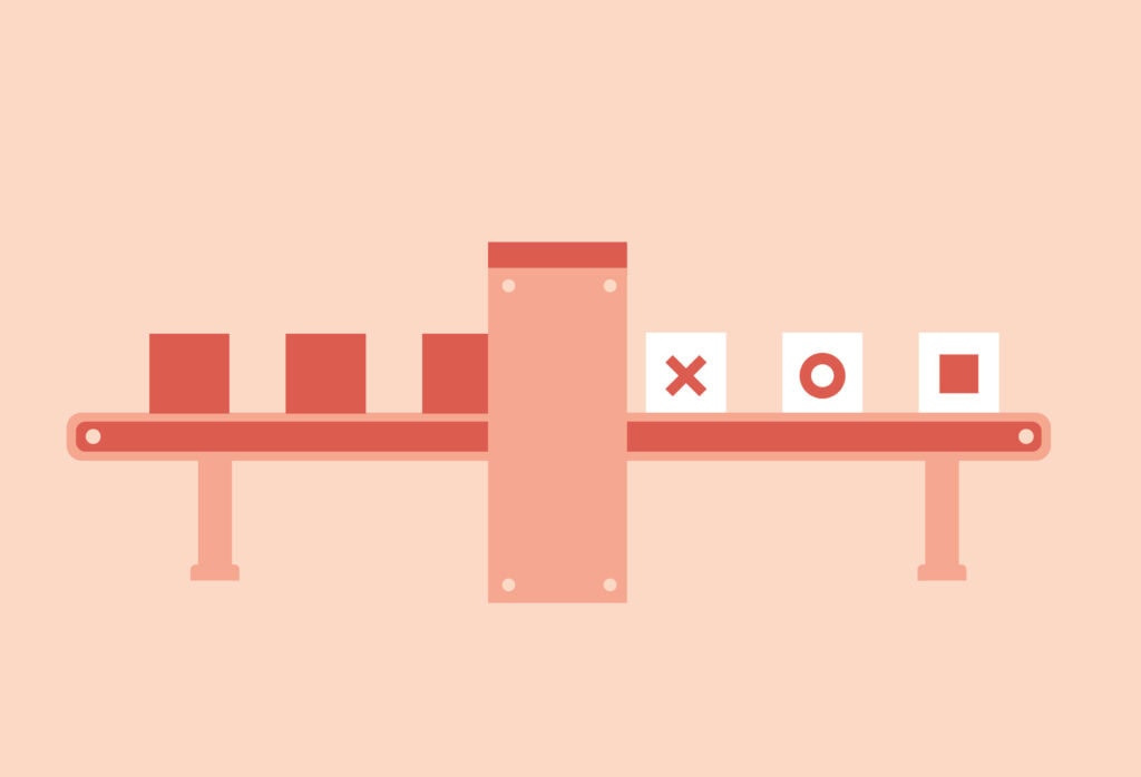 OXD illustration in pinks and reds of a conveyer belt concept of content migration and content going through it