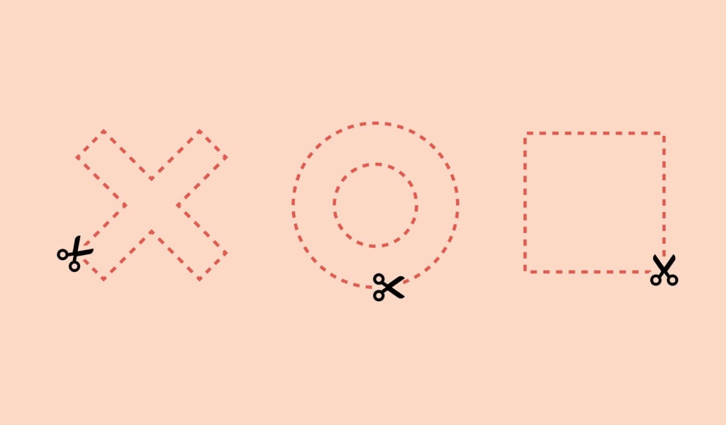 OXD illustration of pink background with darker pink dotted line shapes of an X,O, and square with scissors.