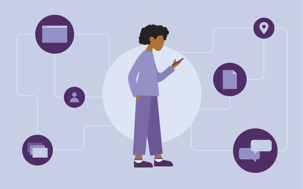 Digital Transformation In Government illustration of person looking at phone around Digital Network concept in purples