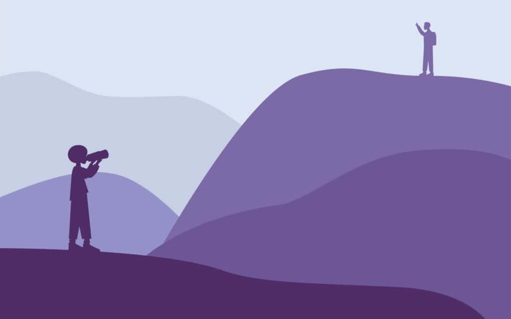 illustration of Hiking In Mountains with two people far away on different ranges in purples