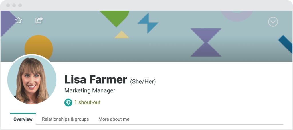Using Intranet For DEI profile page showing an employee with a headshot, name, title, and pronouns