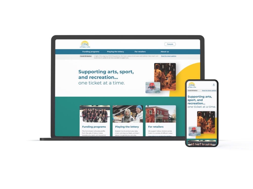 Redesign of government website for Lotteries Yukon shown on black laptop and mobile phone.