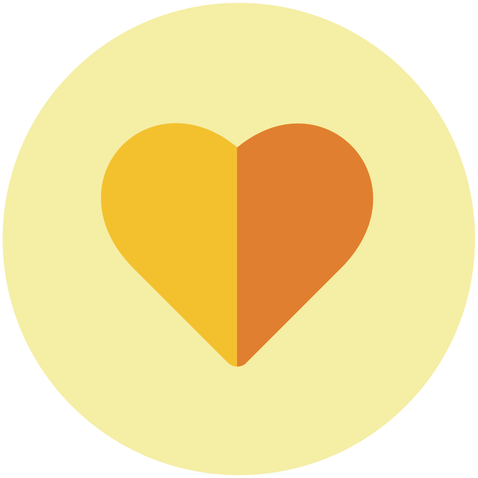 OXD icon illustration of a heart in shades of orange on a yellow circle