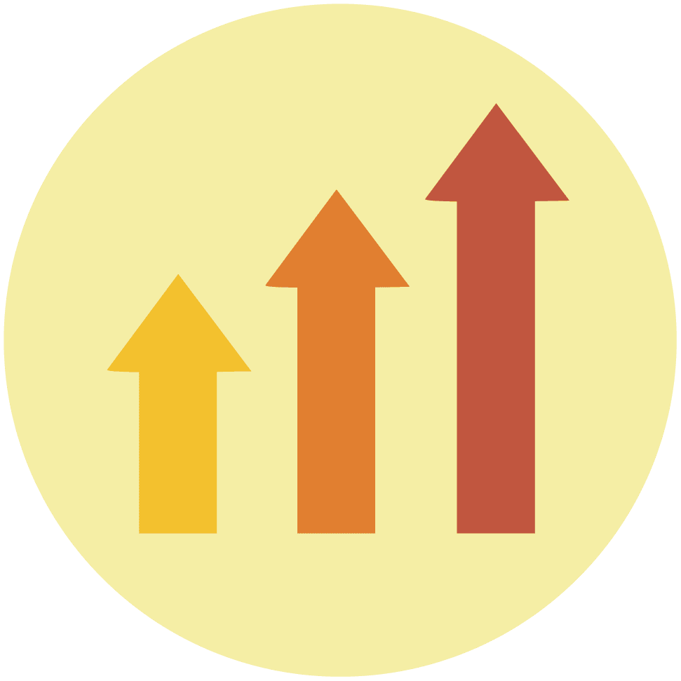 OXD icon illustration of 3 arrows pointing up in shades of orange on a yellow circle