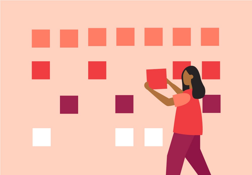 OXD illustration of a pink background with a person putting square pieces of paper up onto a conceptual wall to support our mapping webinar, all in shades of red