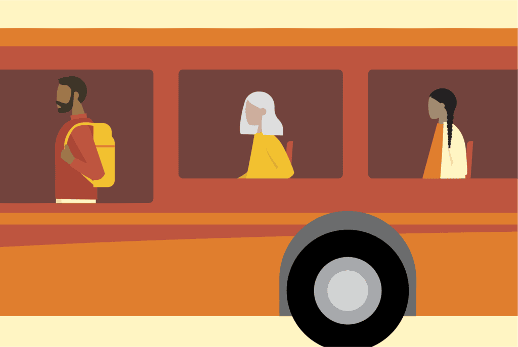 OXD Illustration in shades of yellow and orange and black for research participant compensation concept. Shows three people through the windows of a bus.