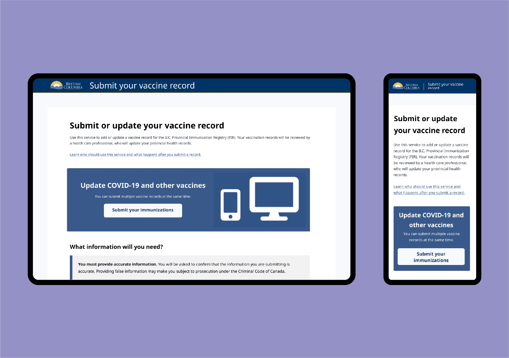 Screenshot of the PHSA vaccine submission website page on a black simplified monitor and to the right a black simplified cell phone, over a purple background to support health management technology improvements