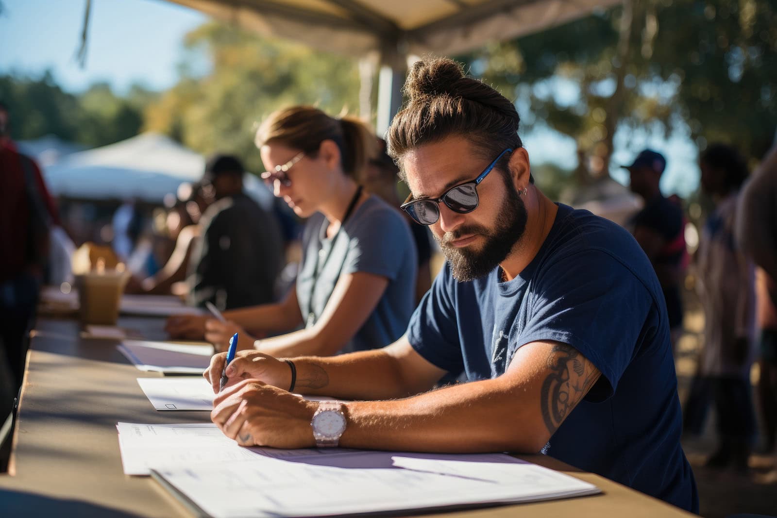 There is a photo of two people closer-up with some people in the background who are at an outdoor event and filling forms to participate in an event to support the concept of data collection strategy for member-based organizations.