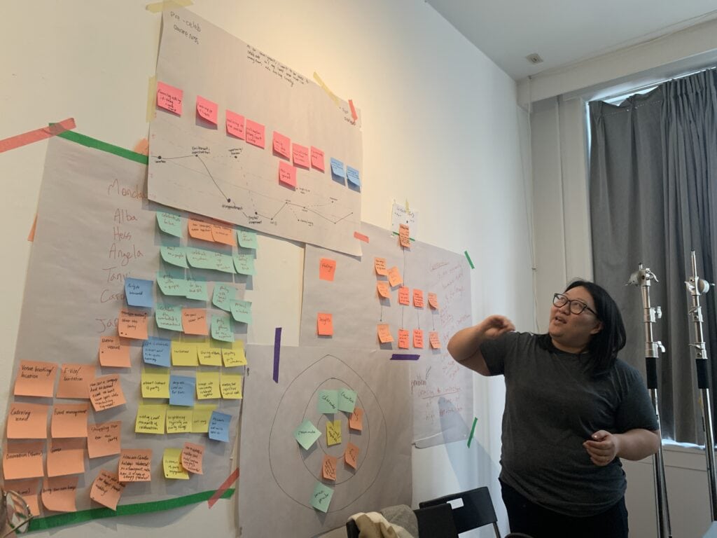A person in front of a white board filled with sticky notes at Vancouver Service Jam