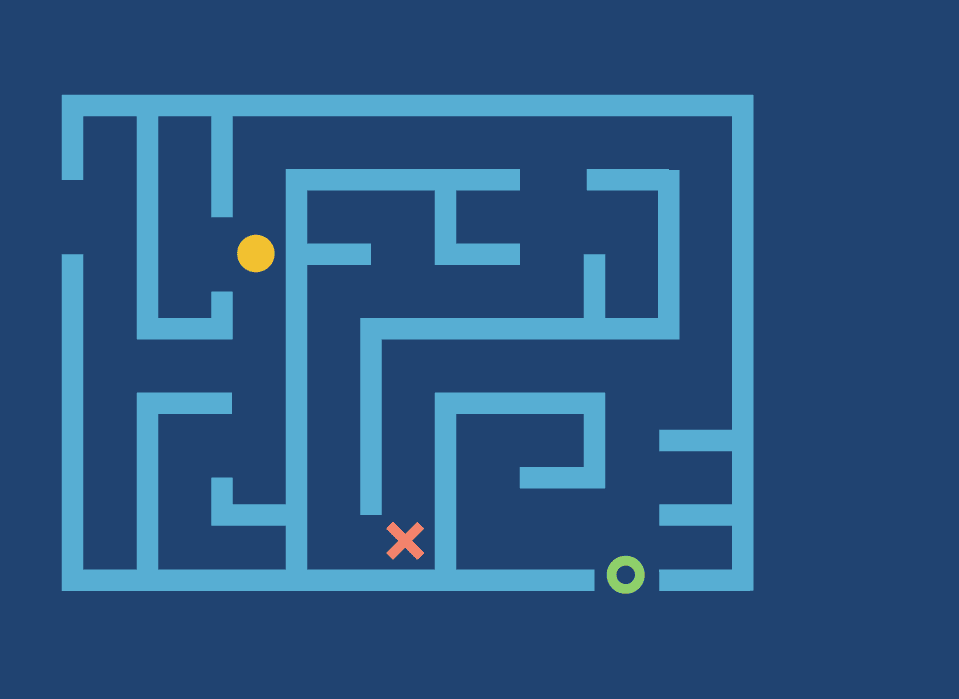 OXD illustration of a maze with an x, an o, and a solid o going through the maze