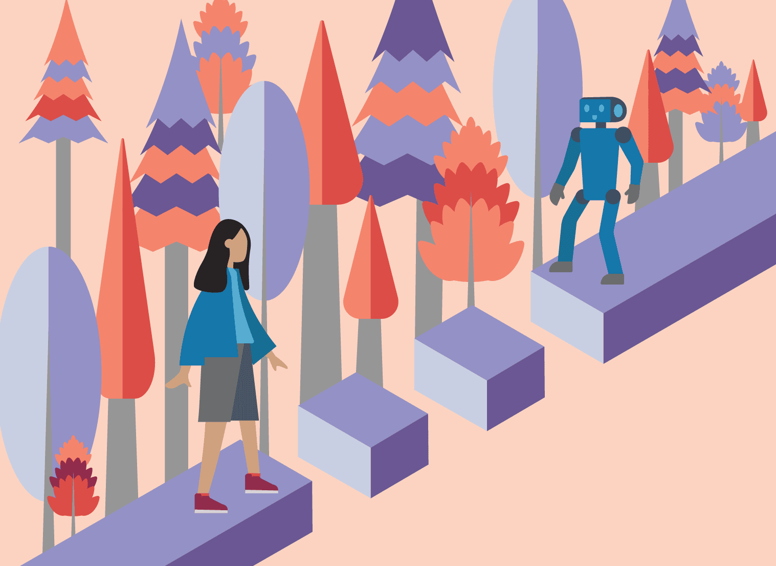 OXD illustration of trees beside a bridge that has gaps with a person on one end and a robot across the gaps