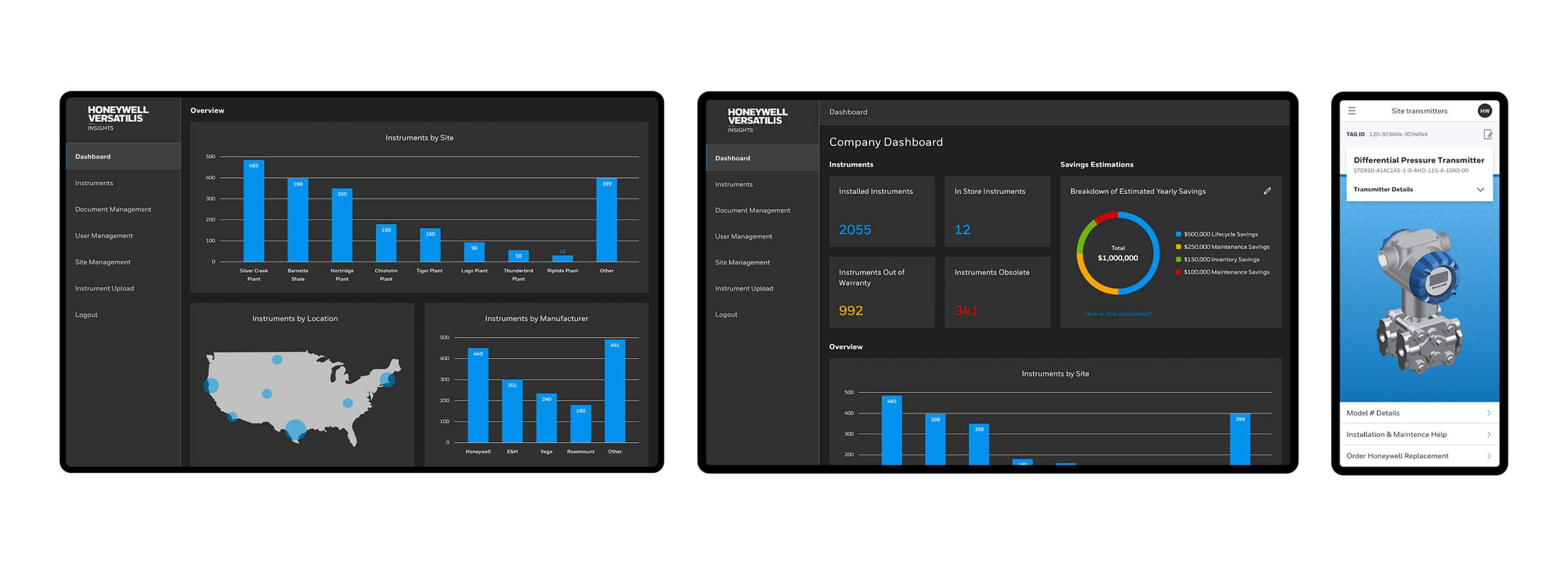 Three screenshots of the Honeywell Versatilis Suite