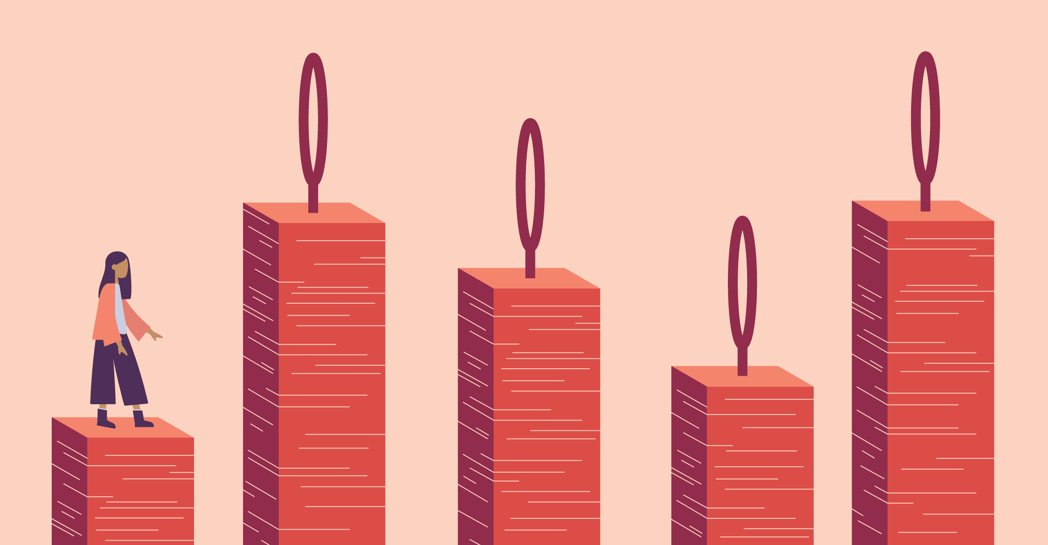 OXD illustration of a woman standing on the stack of papers with 4 varying stacks with hurdles ahead of her representing the concept of Administrative Burden
