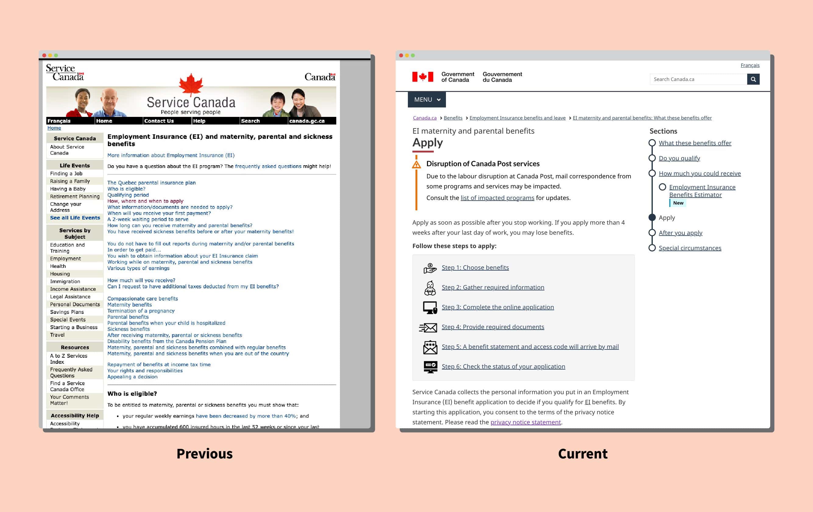 Previous and Current Screenshots of the Service Canada website EI maternity and parental benefits page