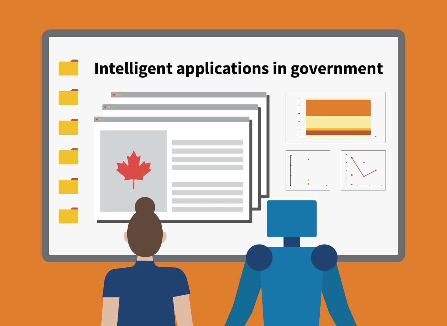 OXD illustration to support the concept of how to use AI to modernize government services that shows a person and a robot standing in front of a large monitor with icons and text