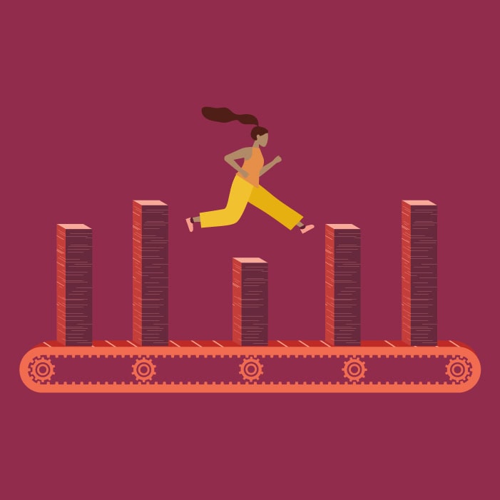 OXD Illustration of the challenges of evaluating services and reducing admin burden of a person jumping over stacks of papers