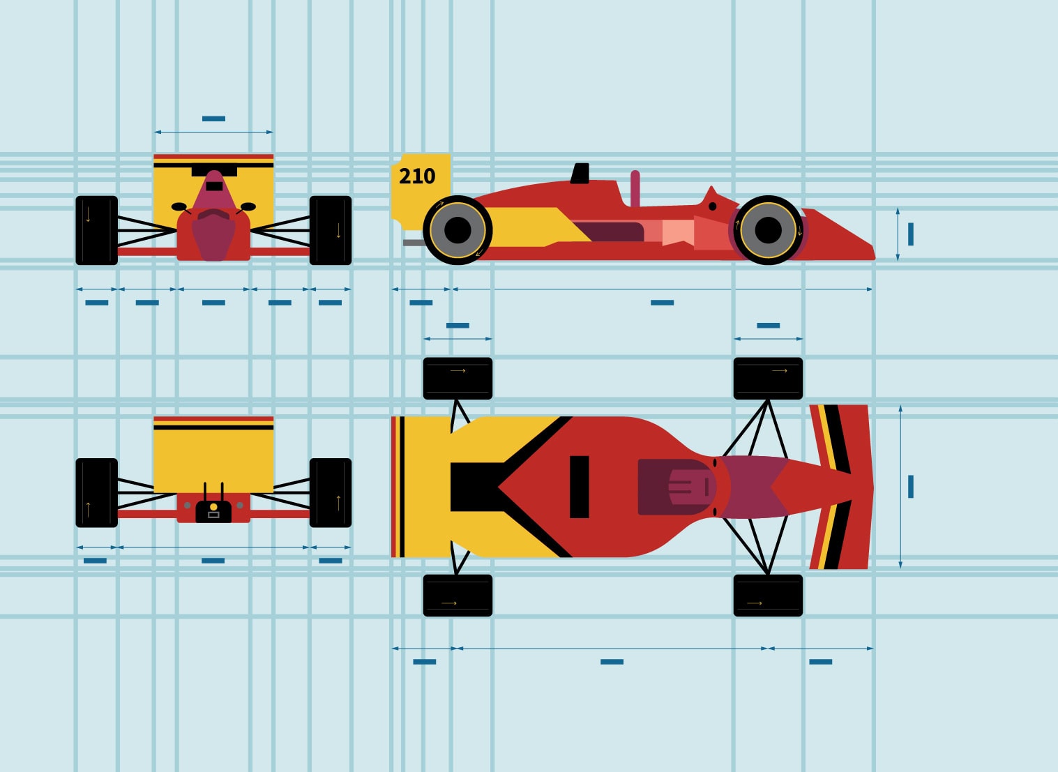 OXD illustration of a race car blueprint/diagram showing it from above, behind, front, and sideways to represent Performance Engineering