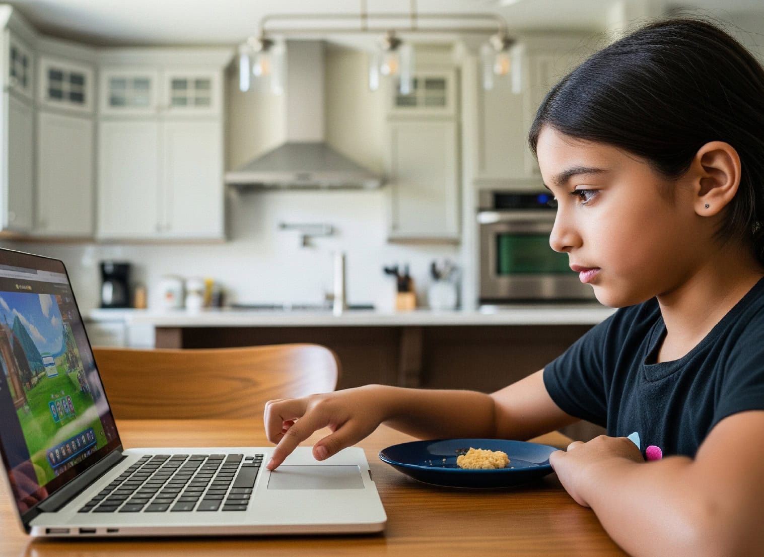 Young child sitting at a table using a laptop to play games