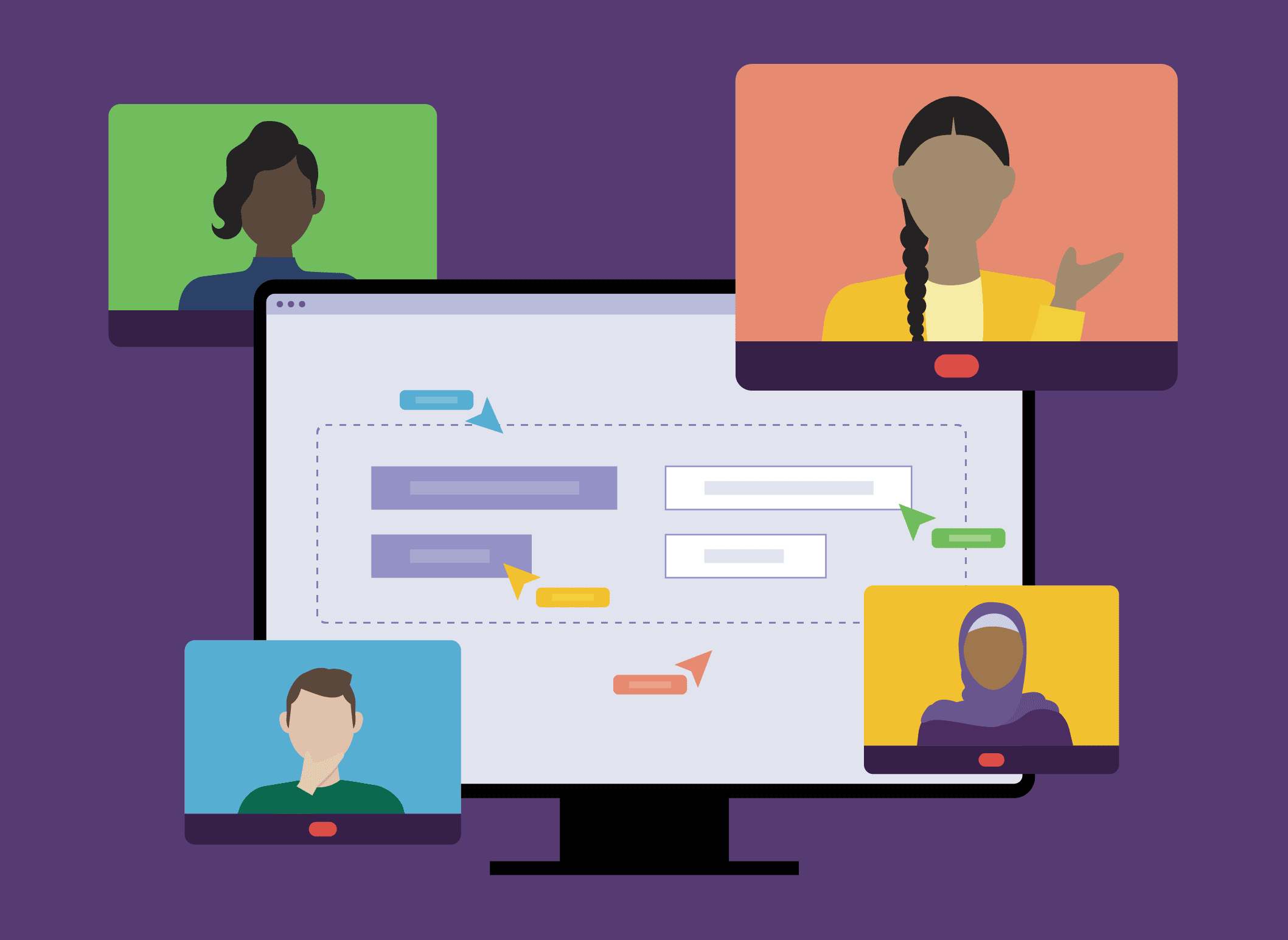 A computer screen in the centre shows four different colour cursers on the screen as coworkers digitally collaborate, with four video chat screens surrounding the computer screen.