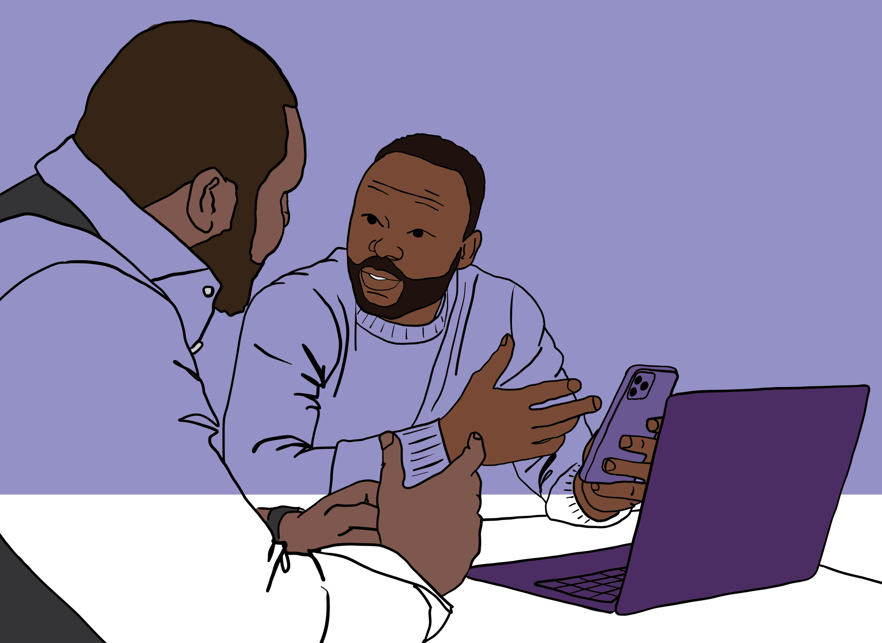 OXD illustration of two people sitting at a table talking with a computer and a mobile phone